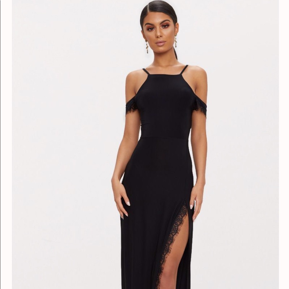 Black Lace Trim Cold Shoulder Extreme Split